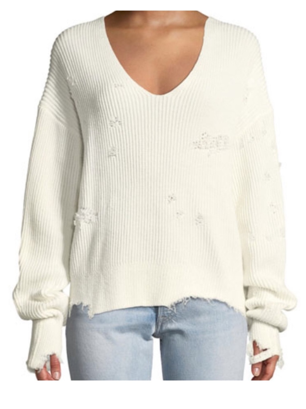 Helmut Lang Distressed Cream Wool Cotton Sweater